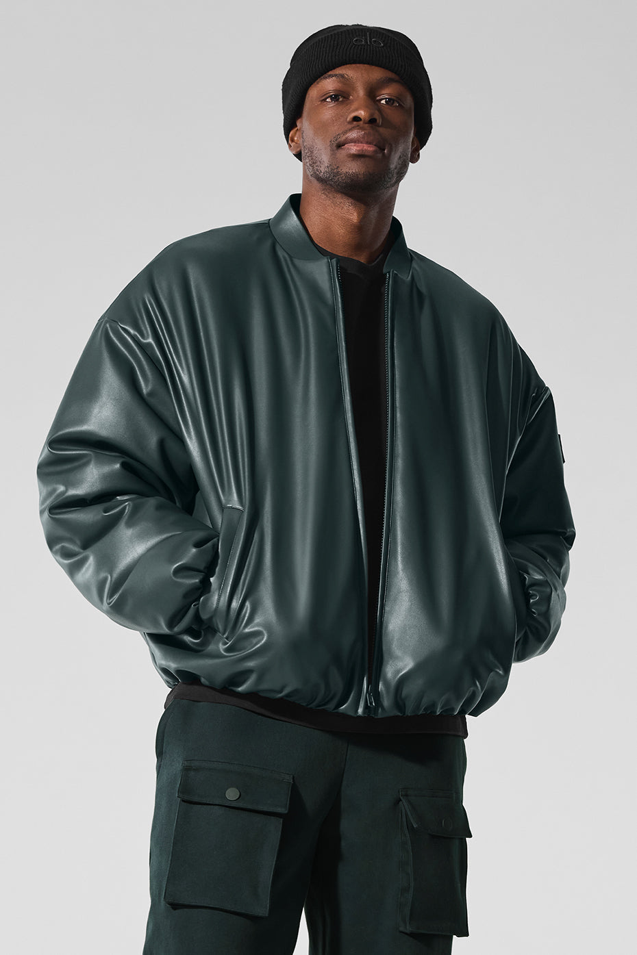 Faux Leather Premier Bomber - Charcoal Green