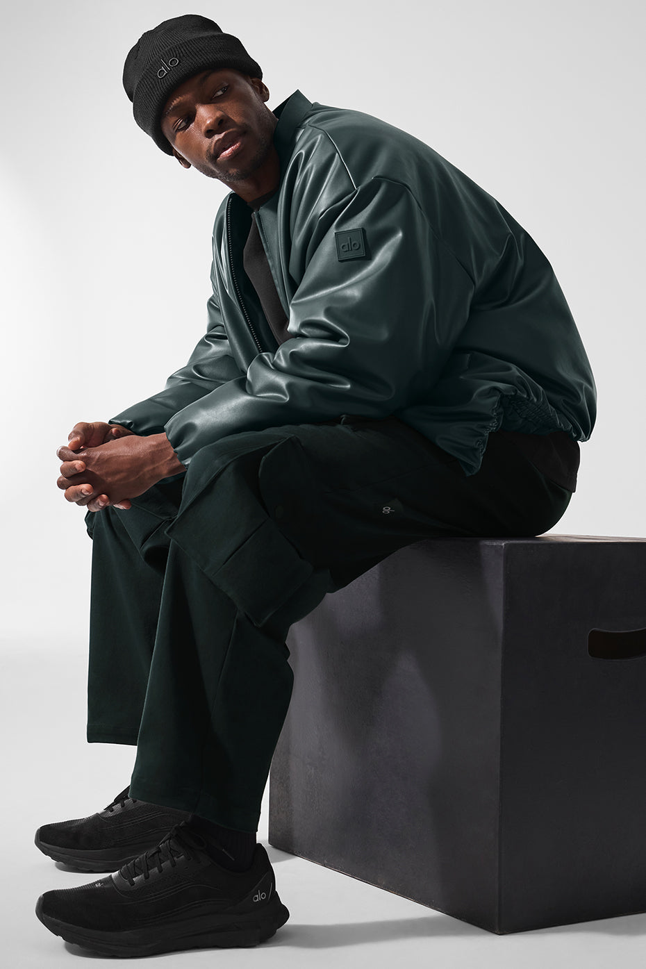 Faux Leather Premier Bomber - Charcoal Green